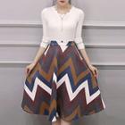 Set: Knit Pullover + Striped A-line Midi Skirt