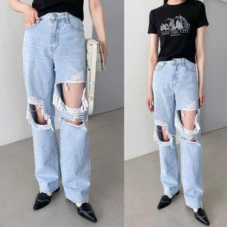 Distressed Fringed Loose-fit Jeans