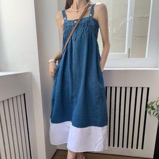 Spaghetti Strap Two-tone Denim Midi Smock Dress