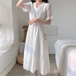 Puff-sleeve Frill Trim Chiffon A-line Midi Dress