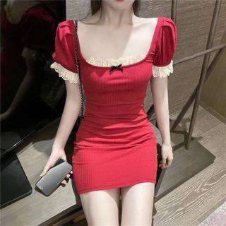 Balloon-sleeve Lace Trim Ribbed Sheath Dress