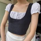 Ruffled Sleeve Two Tone Cropped Top