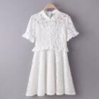 Short-sleeve Perforated Lace Frog Buttoned A-line Mini Dress