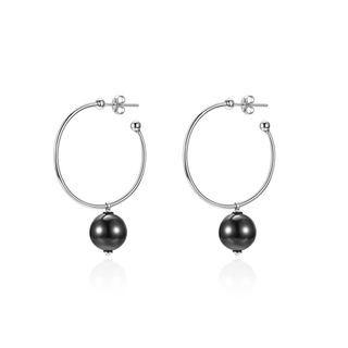925 Sterling Silver Elegant Fashion Circle Earrings With Black Pearl Silver - One Size