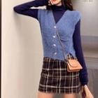 Mock Neck Plain Top / Knit Vest / High-waist Plaid Skirt