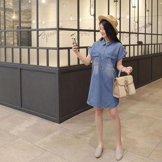 Tab-sleeve Washed Denim Dress With Belt