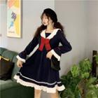 Long-sleeve Frill Trim Color Block Ribbon A-line Dress Navy Blue - One Size