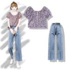 Flower Print Short-sleeve Blouse / Cropped Wide-leg Jeans