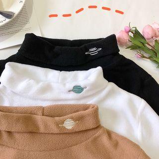 Planet Embroidered Mock-turtleneck Fleece Long-sleeve Top