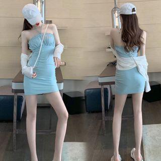 Halter Strapless Mini Sheath Dress / Plan Cardigan