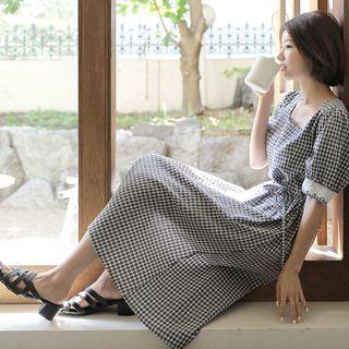 Square-neck Lace-trim Plaid Long Dress