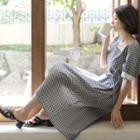 Square-neck Lace-trim Plaid Long Dress