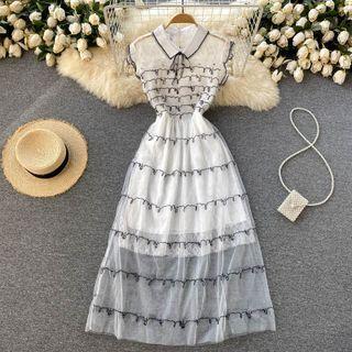 Lapel Embroidered Mesh Sleeveless Dress