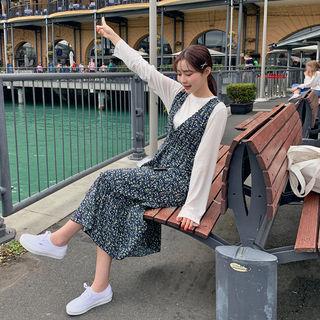 Ruffled Floral Long Pinafore Dress