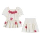 Puff-sleeve Flower Detail Peplum Blouse / Mini A-line Skirt