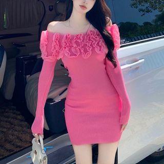 Boatneck Ruffle-trim Knit Mini Dress