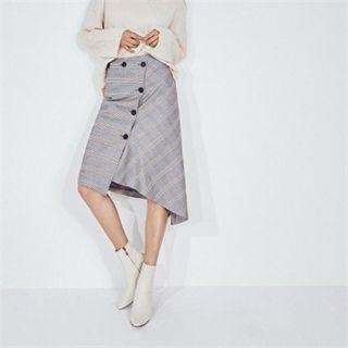 Button-front Asymmetric-hem Plaid Midi Skirt