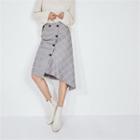 Button-front Asymmetric-hem Plaid Midi Skirt