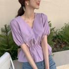 Plain Short-sleeve V-neck Blouse