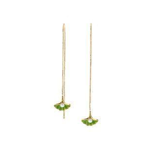 Fashion And Simple Plated Gold Green Ginkgo Leaf Tassel Enamel Earrings With Imitation Pearls Golden - One Size