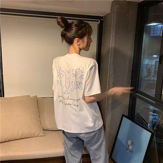 Lettering Printed Crewneck Short-sleeve Top White - One Size