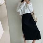 Oversized Cropped Long-sleeve Top / Side-slit Bodycon Suspender Skirt