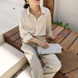 Set: Plain Shirt + Pinstriped Wide Leg Pants
