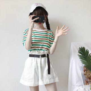 Short-sleeve Striped T-shirt / Paperbag Waist Shorts