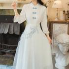 Mandarin Collar Lace Panel 3/4-sleeve Embroidered Midi A-line Dress