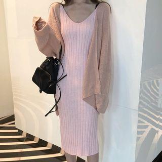 Open Front Cardigan / Sleeveless Midi Knit Dress