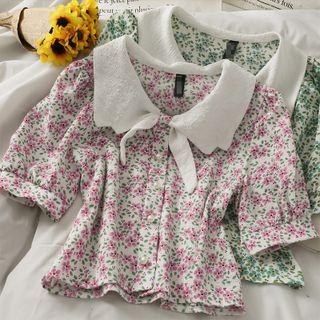 Knotted-collar Floral Shirt