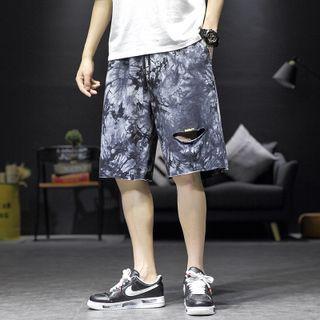 Distressed Tie-dye Print Straight Leg Shorts
