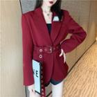 Label Applique Belted Blazer With Belt - Red - One Size