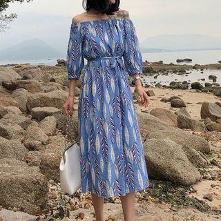 Leaf Print Off-shoulder A-line Midi Dress