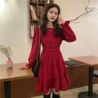 Long-sleeve A-line Dress Red - One Size