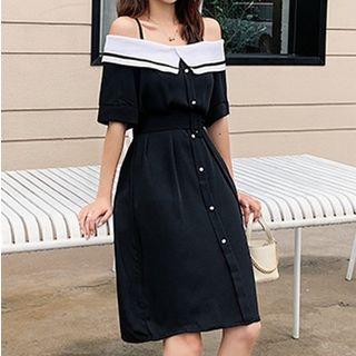 Off-shoulder Single-breasted Shift Dress With Belt