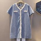 Short-sleeve Buttoned Printed A-line Dress Blue - One Size
