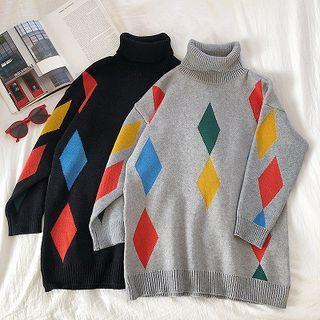 Color-block Argyle Turtle-neck Long-sleeve Sweater