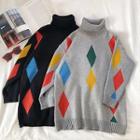 Color-block Argyle Turtle-neck Long-sleeve Sweater