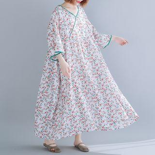 3/4-sleeve Floral Print Midi A-line Dress White - One Size