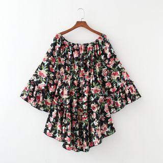 Bell-sleeve Flower Print Mini Shift Dress
