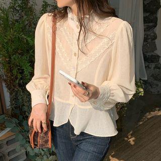 Long-sleeve Buttoned Mock-neck Lace Trim Blouse Almond - One Size