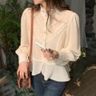 Long-sleeve Buttoned Mock-neck Lace Trim Blouse Almond - One Size