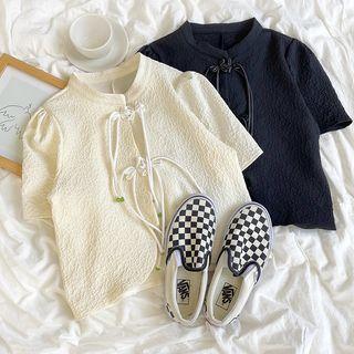 Puff-sleeve Knot Button Top