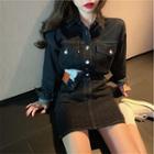 Long-sleeve Denim Shirt / Mini A-line Skirt