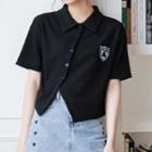Short-sleeve Asymmetrical Bear Embroidered Top