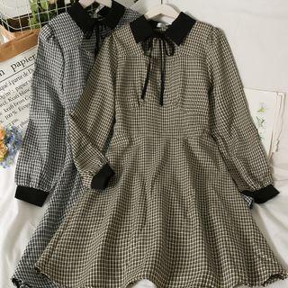 Gingham Tie-neckline Midi Dress With Sash