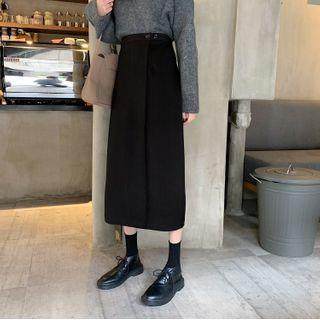 Button Waist Plain Midi Pencil Skirt