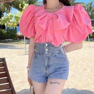 Puff-sleeve Bow Blouse / Denim Shorts