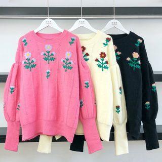Lantern-sleeve Flower Print Sweater